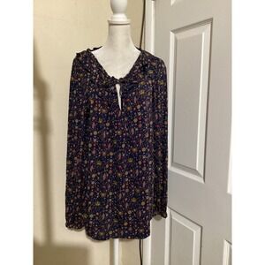 Boden Womens Navy Blue British Crown Floral Ruffle Tie Neck Blouse Top US 14